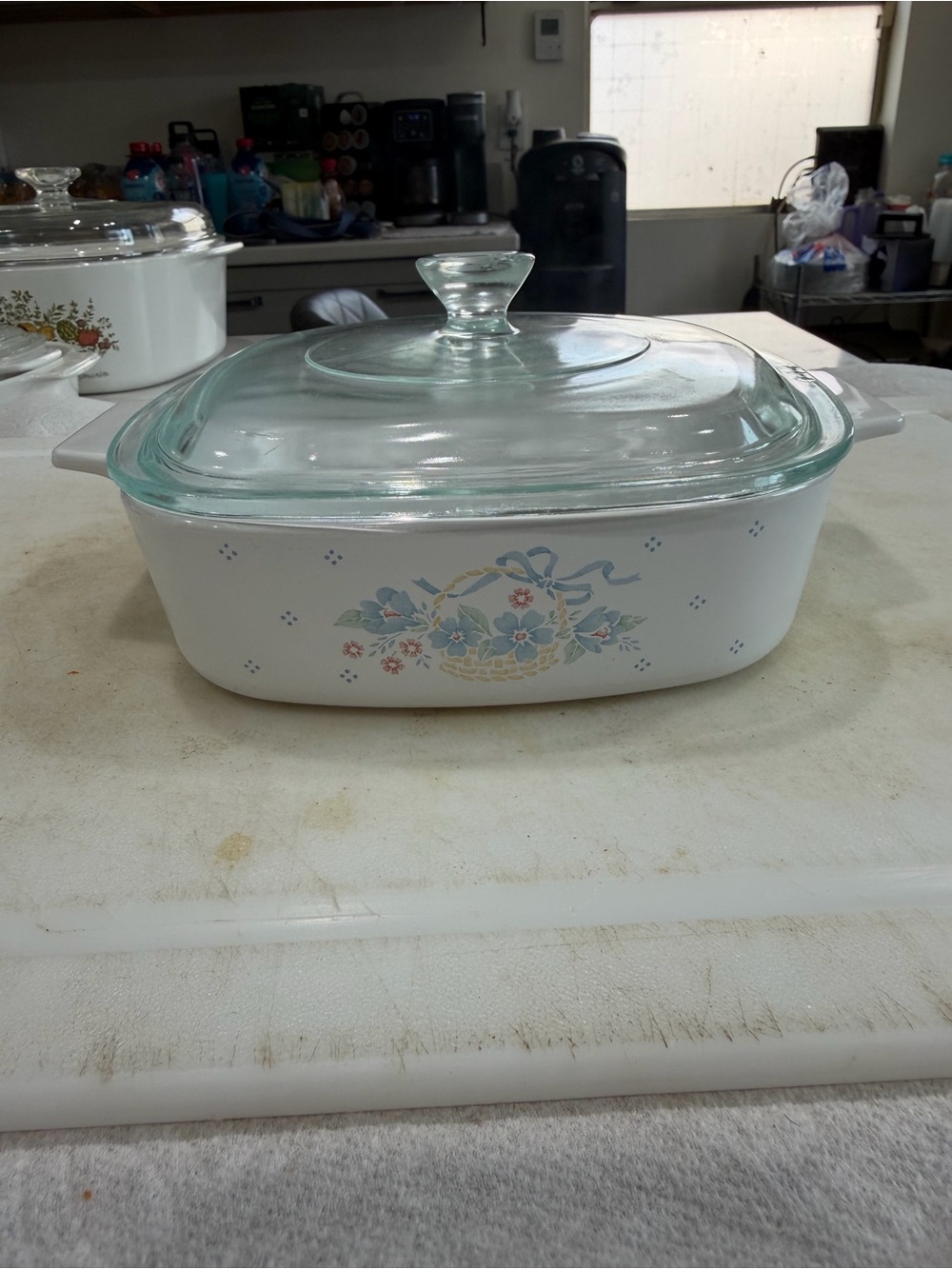 Corningware White Casserole with Blue and Pink Floral Basket Motif, matching lid